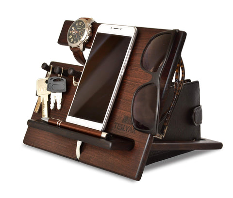 Online shopping wood phone docking station cherry dark hooks key holder wallet stand watch organizer men gift husband wife anniversary dad birthday nightstand purse tablet father graduation male travel idea gadgets