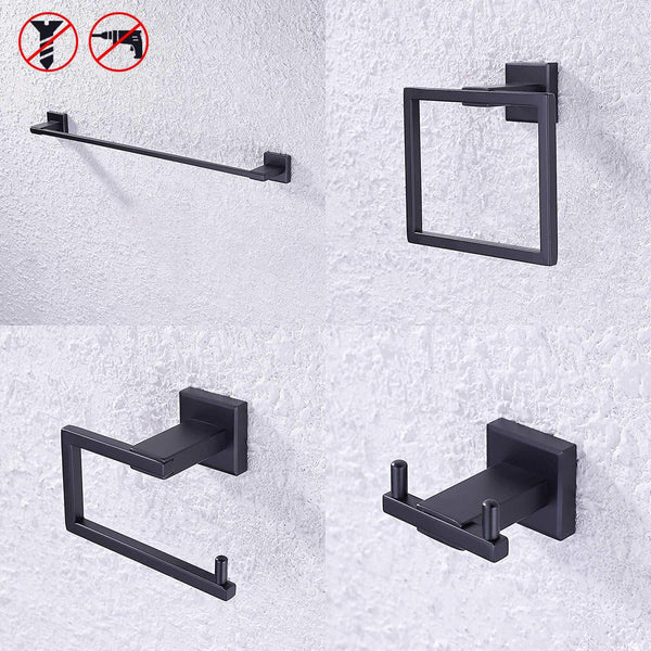 Budget friendly kes sus 304 stainless steel matte black 4 piece bathroom accessory set rustproof towel bar double coat hook toilet paper holder towel ring wall mount no drilling self adhesive glue la24bkdg 42