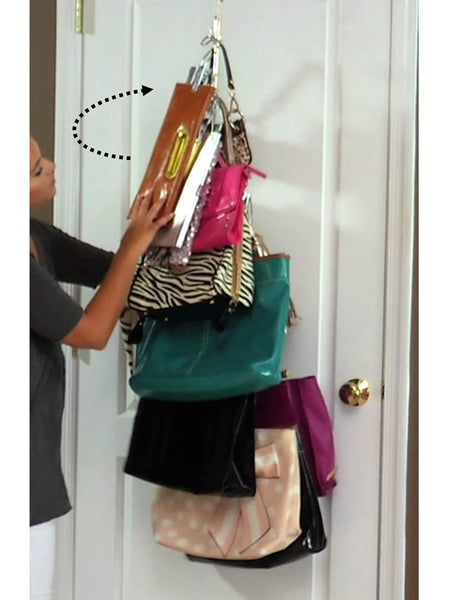 Discover the best boottique 2 pk over door hanging purse storage durable holds 50 pounds rotates 360 for easy access purses handbags satchels crossovers backpacks 12 hooks chrome set of 2
