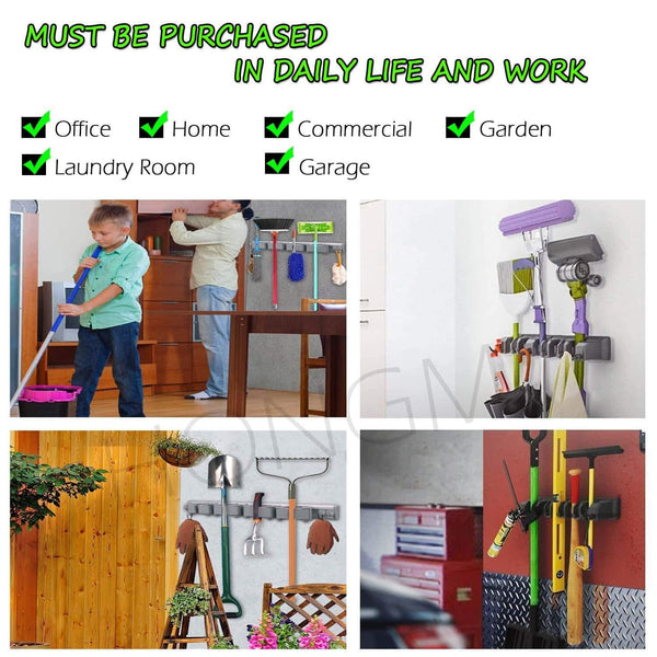 Shop here mop and broom holder 5 position with 6 hooks organizer wall mount command and garden tool organizer for rake or rop garage storage systems holds up to 11 tools strong grip life time guarantee