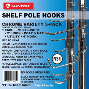 Top rated sunway shelf pole hooks 5 pack chrome variety pack best solution for garage shelving storage organization use with metal or wire shelves and racks heavy duty easy installation