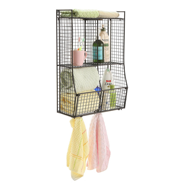 Get wall mounted collapsible black metal wire mesh storage basket shelf organizer rack w 2 hanging hooks