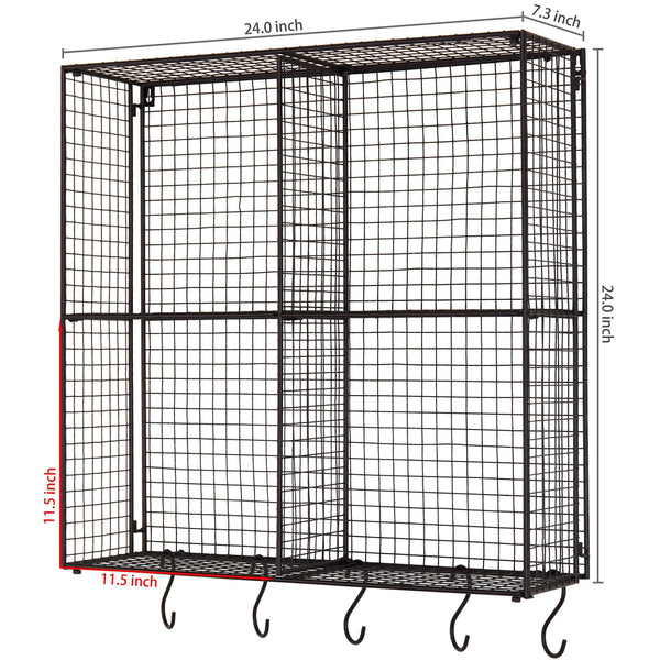 New mygift wall mounted brown metal wire 4 compartment storage rack with 5 s hooks