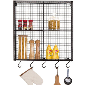 Home mygift wall mounted brown metal wire 4 compartment storage rack with 5 s hooks