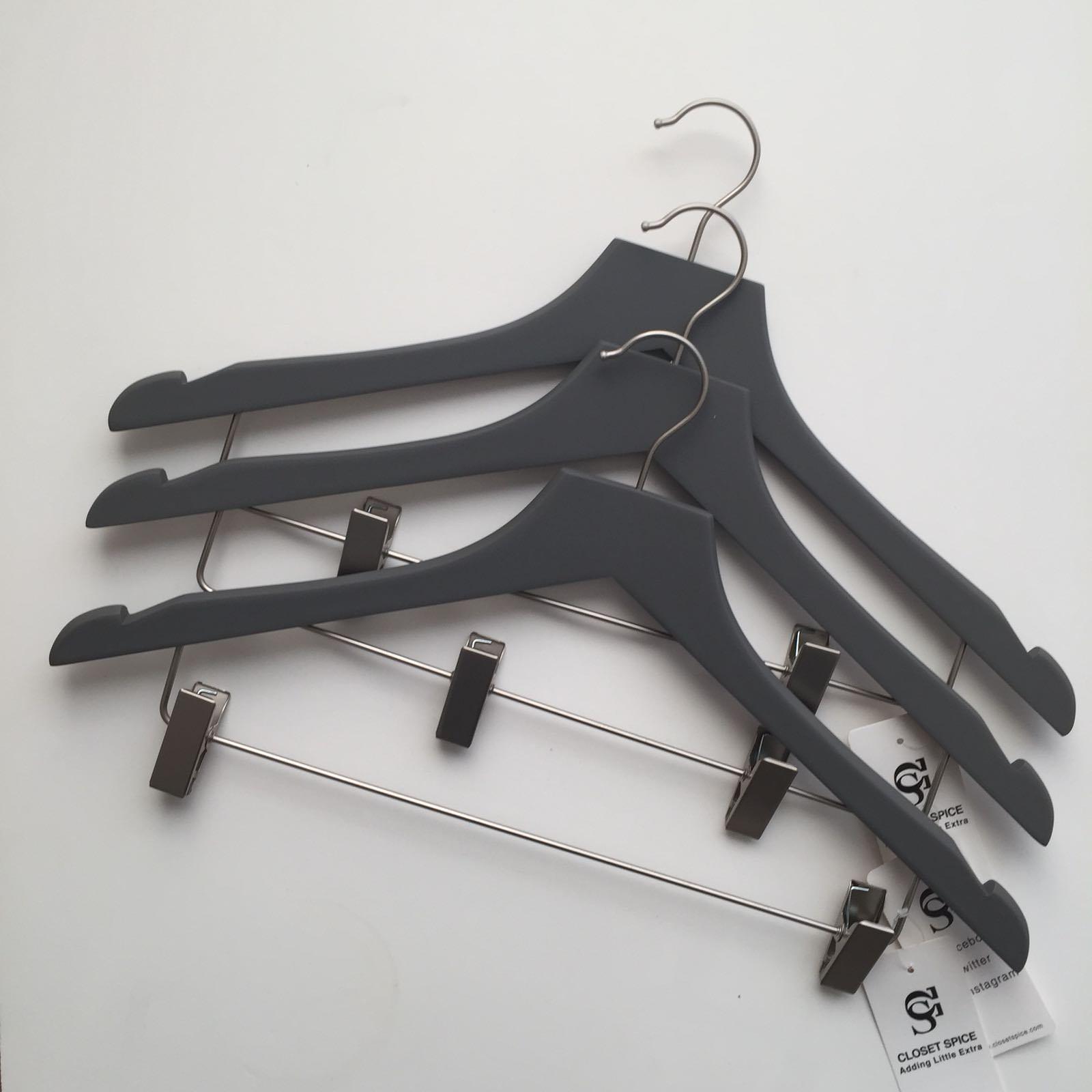 Closet Spice Rubber Felt Wood Suit Hangers with Clips - Set of 6 (Grey)